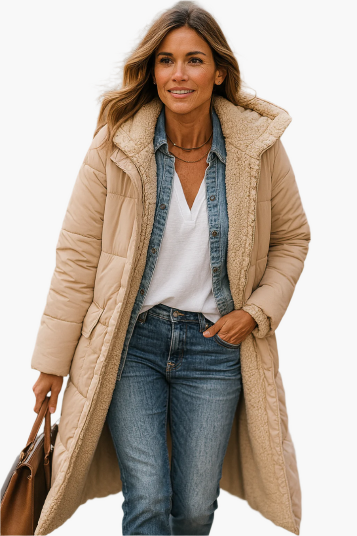 Women's Long Puffer Jacket - Hooded Collar with Plush Lining