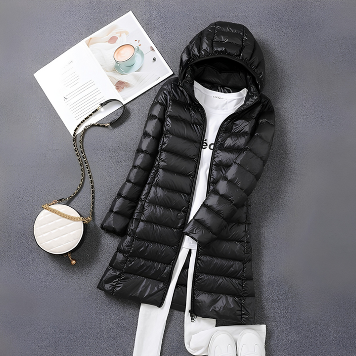 Women's Long Puffer Jacket - Hooded Zip Front