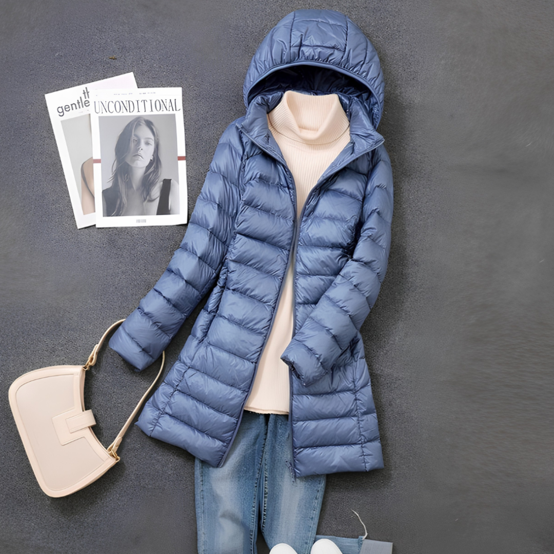 Women's Long Puffer Jacket - Hooded Zip Front