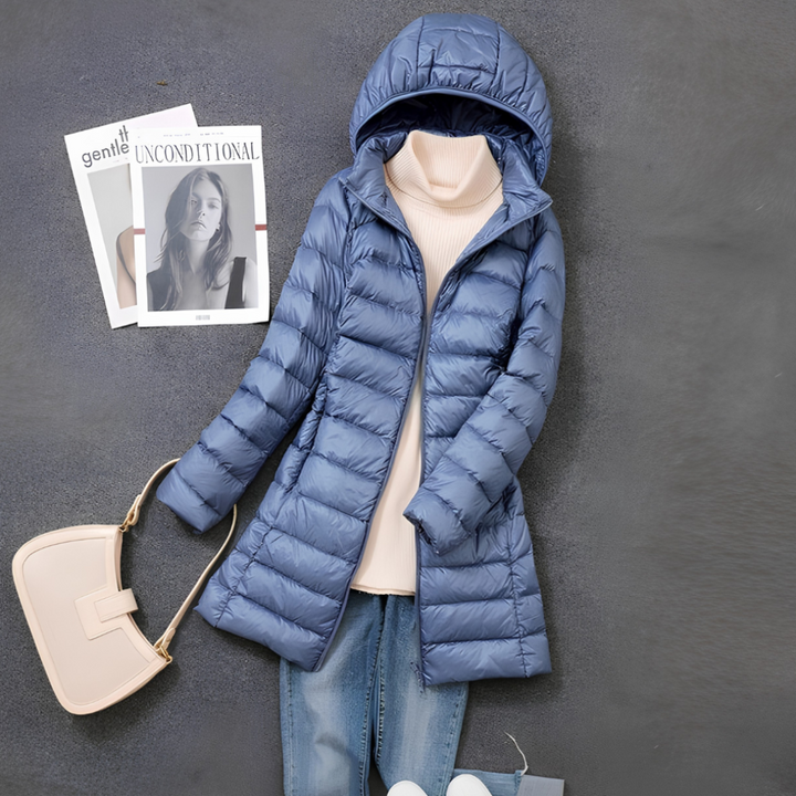 Women's Long Puffer Jacket - Hooded Zip Front