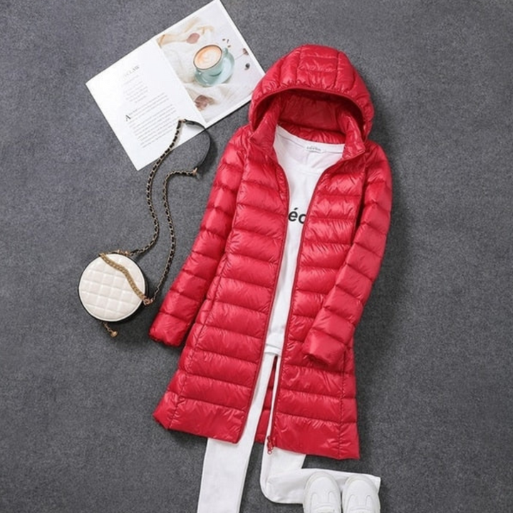 Women's Long Puffer Jacket - Hooded Zip Front