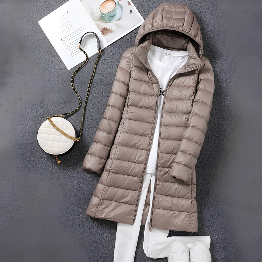 Women's Long Puffer Jacket - Hooded Zip Front