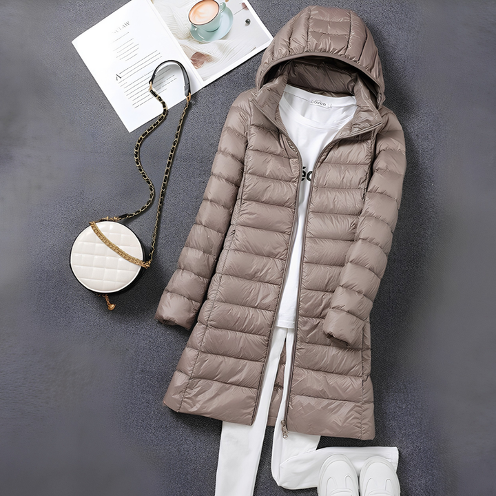 Women's Long Puffer Jacket - Hooded Zip Front