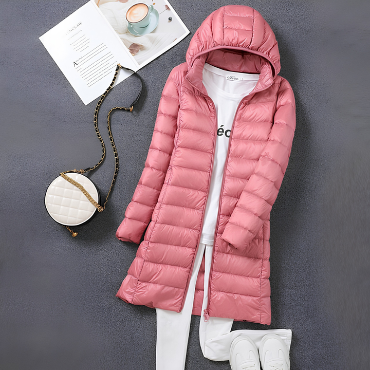 Women's Long Puffer Jacket - Hooded Zip Front