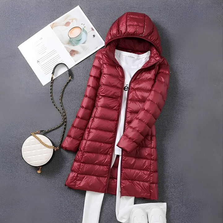 Women's Long Puffer Jacket - Hooded Zip Front