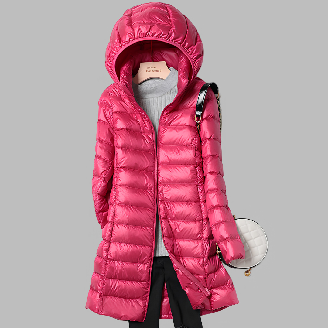 Women's Long Puffer Jacket - Hooded Zip Front