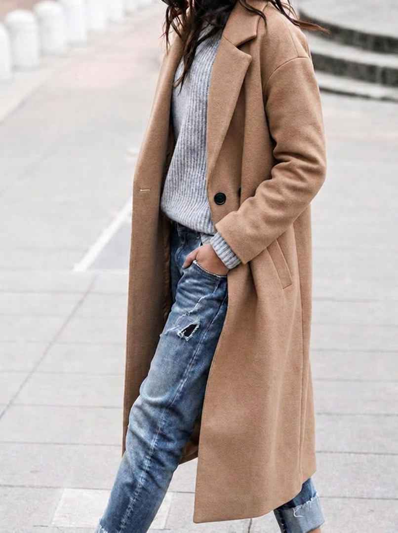 Women's Longline Coat - Notched Lapel Double Button Maxi Length