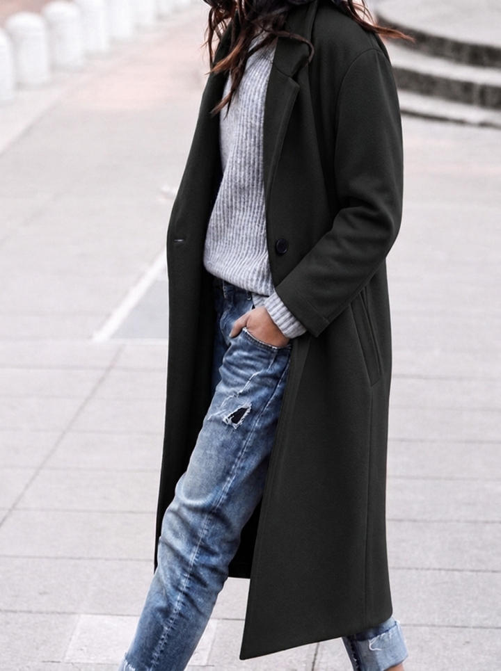 Women's Longline Coat - Notched Lapel Double Button Maxi Length