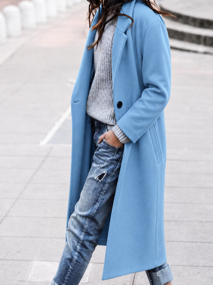 Women's Longline Coat - Notched Lapel Double Button Maxi Length