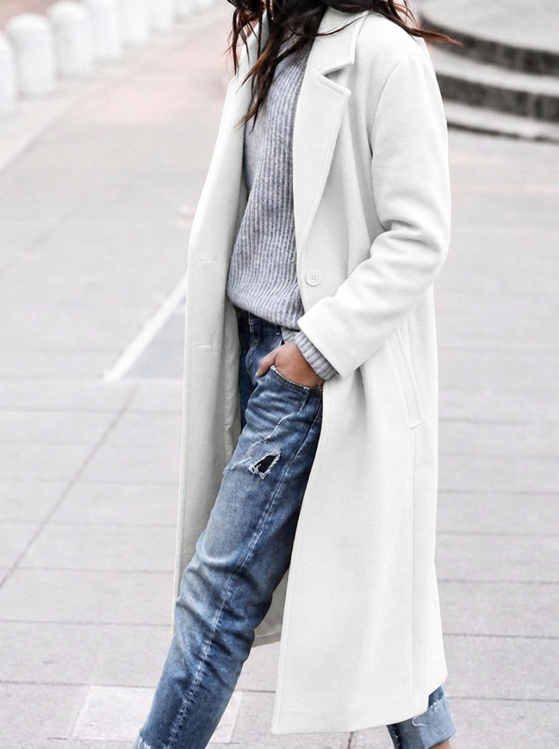 Women's Longline Coat - Notched Lapel Double Button Maxi Length