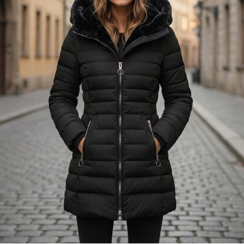 Women's Longline Puffer Coat - Hooded Faux Fur Trim Zip-Up Jacket