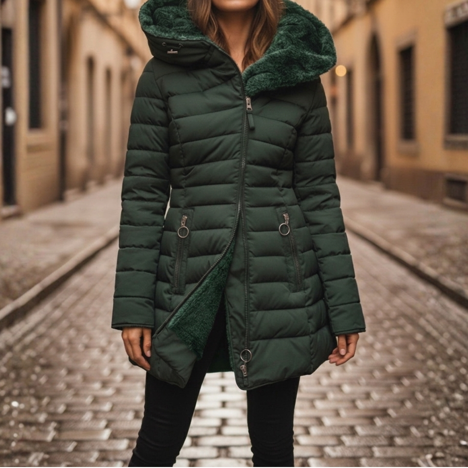 Women's Longline Puffer Coat - Hooded Faux Fur Trim Zip-Up Jacket