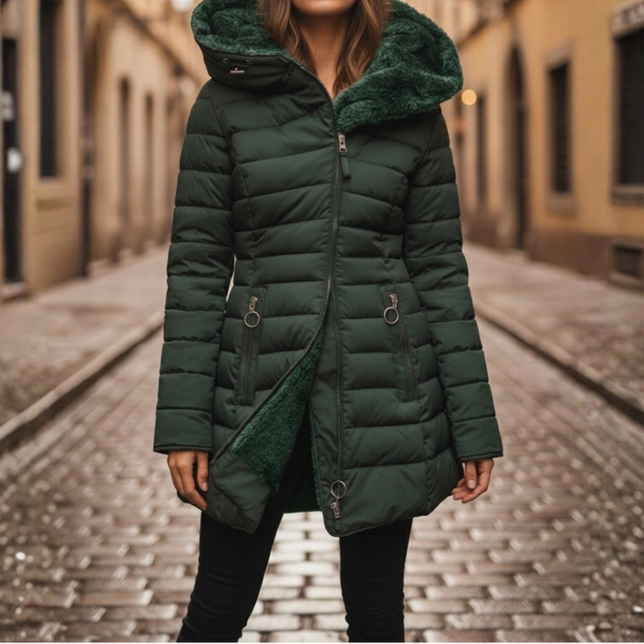 Women's Longline Puffer Coat - Hooded Faux Fur Trim Zip-Up Jacket