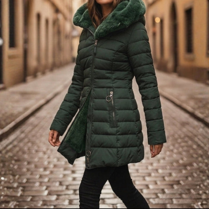 Women's Longline Puffer Coat - Hooded Faux Fur Trim Zip-Up Jacket