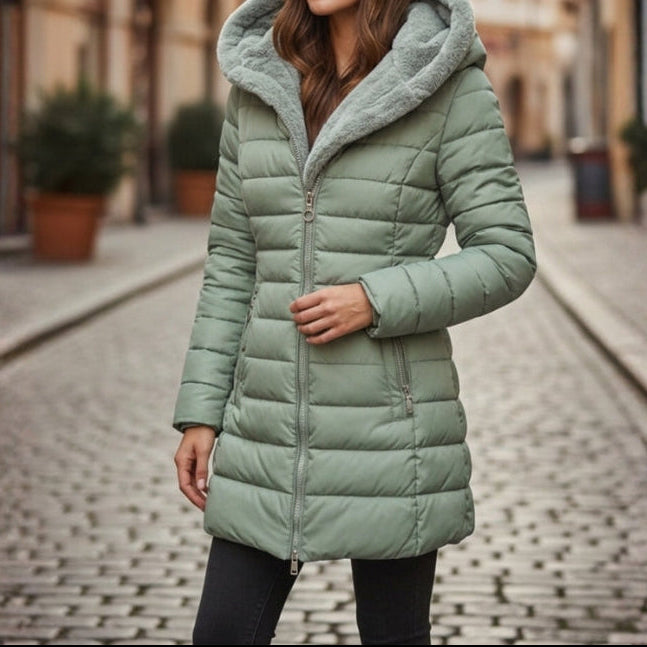 Women's Longline Puffer Coat - Hooded Faux Fur Trim Zip-Up Jacket