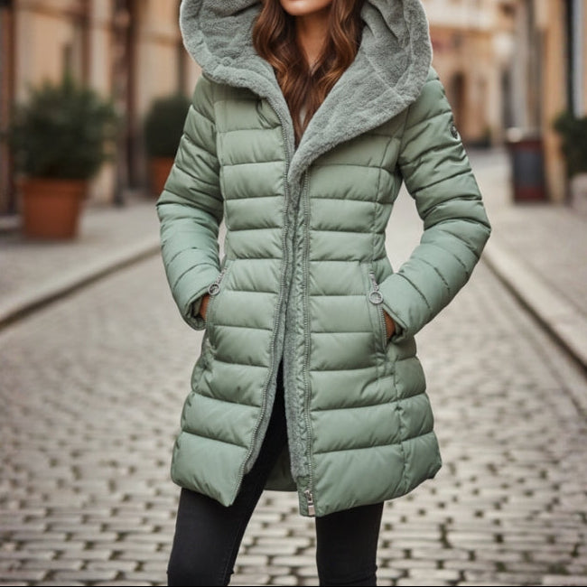 Women's Longline Puffer Coat - Hooded Faux Fur Trim Zip-Up Jacket