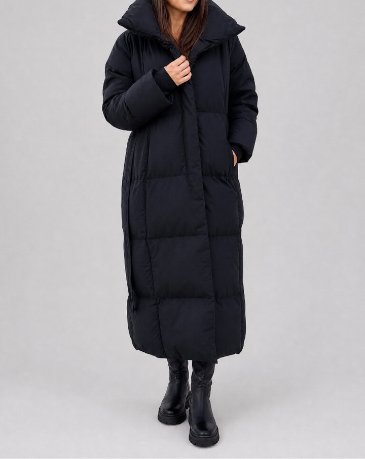 Women's Longline Puffer Coat - Oversized Funnel Collar
