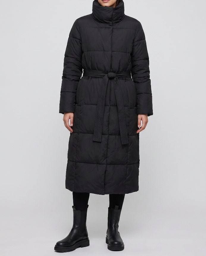 Women's Longline Puffer Coat - Oversized Funnel Collar
