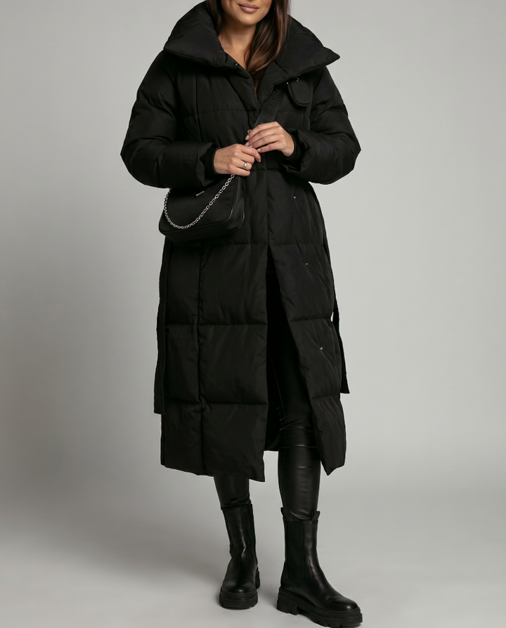 Women's Longline Puffer Coat - Oversized Funnel Collar