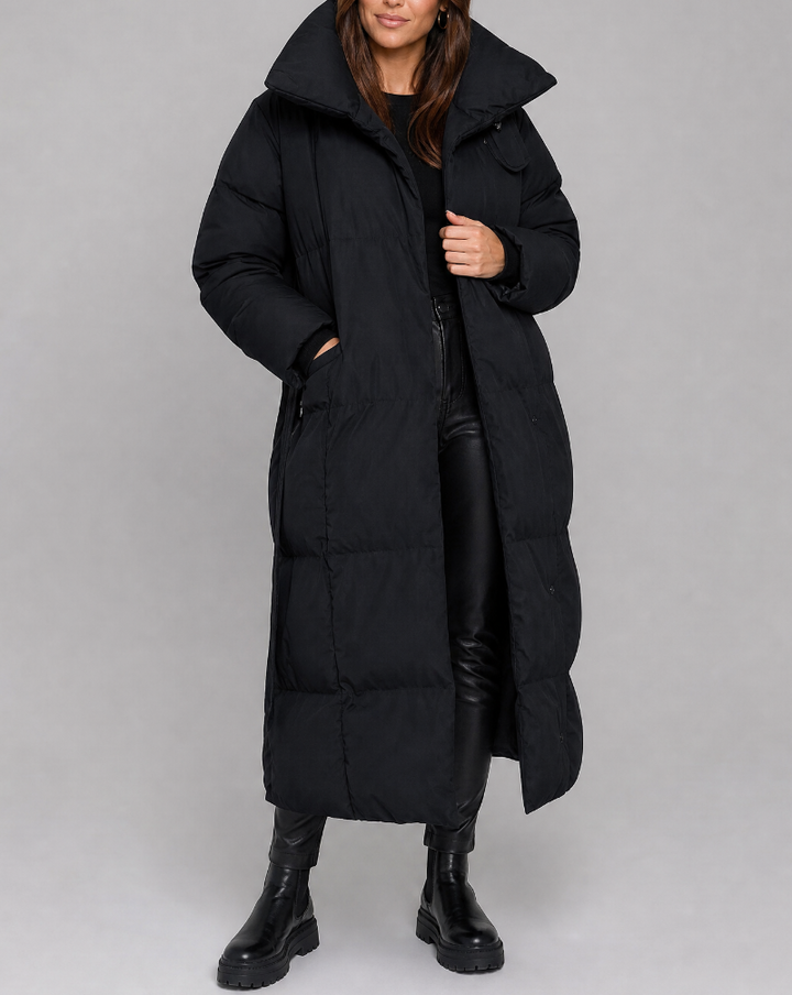 Women's Longline Puffer Coat - Oversized Funnel Collar