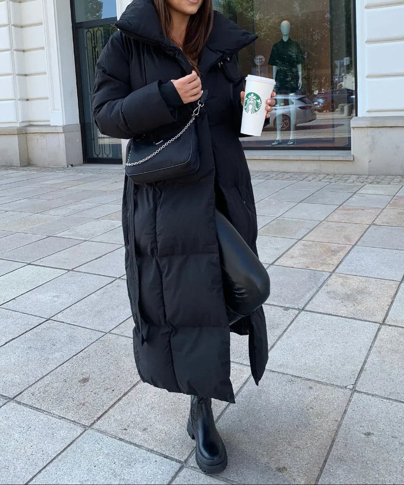 Women's Longline Puffer Coat - Oversized Funnel Collar