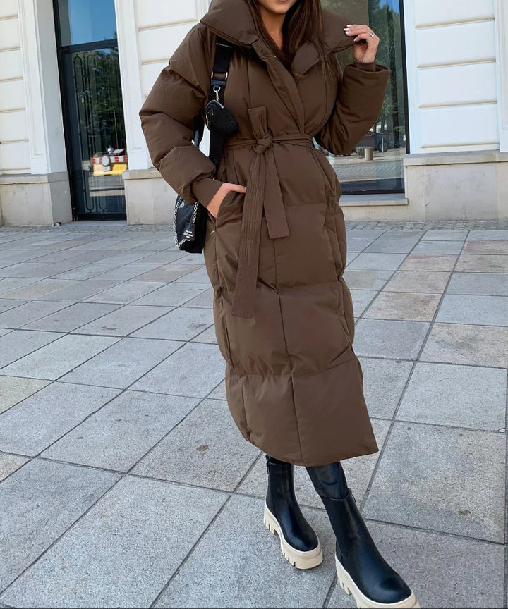 Women's Longline Puffer Coat - Oversized Funnel Collar
