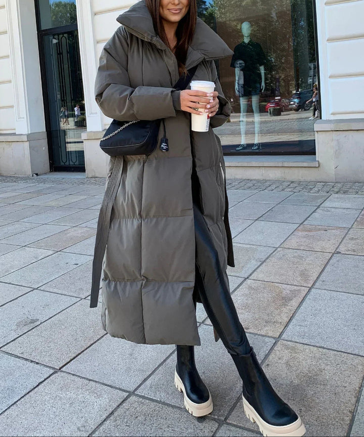 Women's Longline Puffer Coat - Oversized Funnel Collar