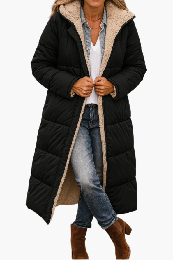 Women's Longline Quilted Puffer Coat - Sherpa Lined Hooded Zip-Up Jacket