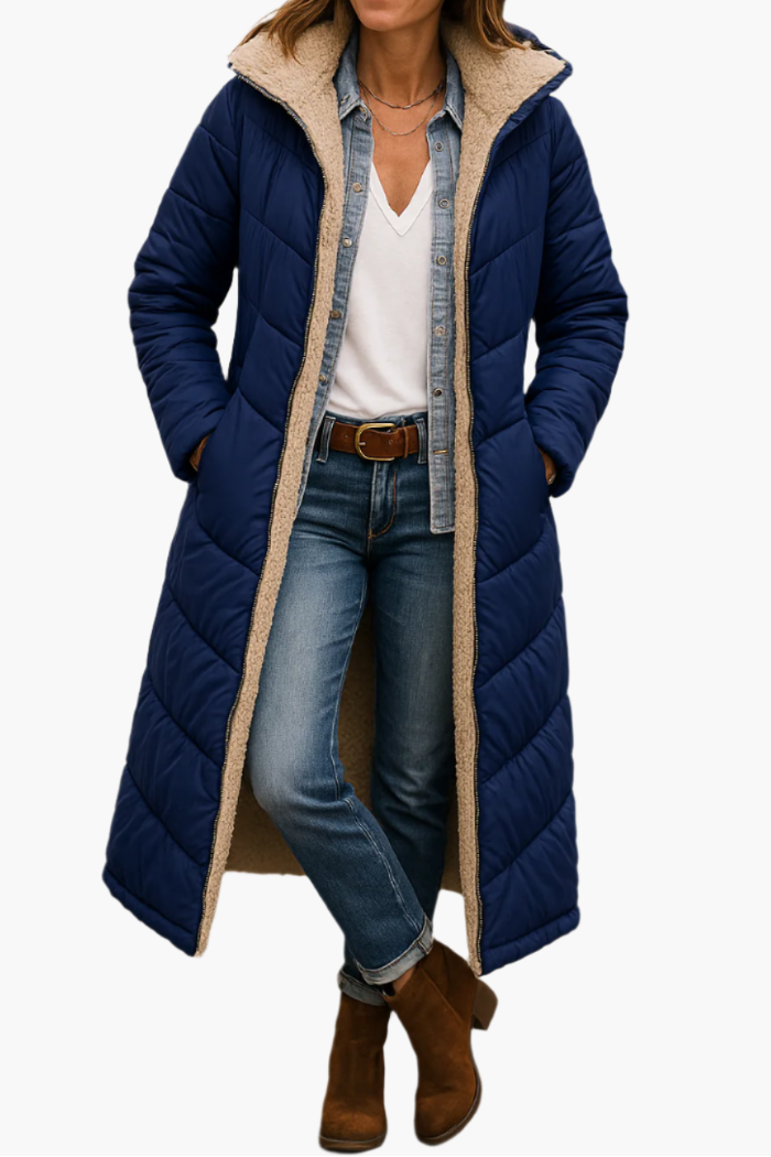 Women's Longline Quilted Puffer Coat - Sherpa Lined Hooded Zip-Up Jacket