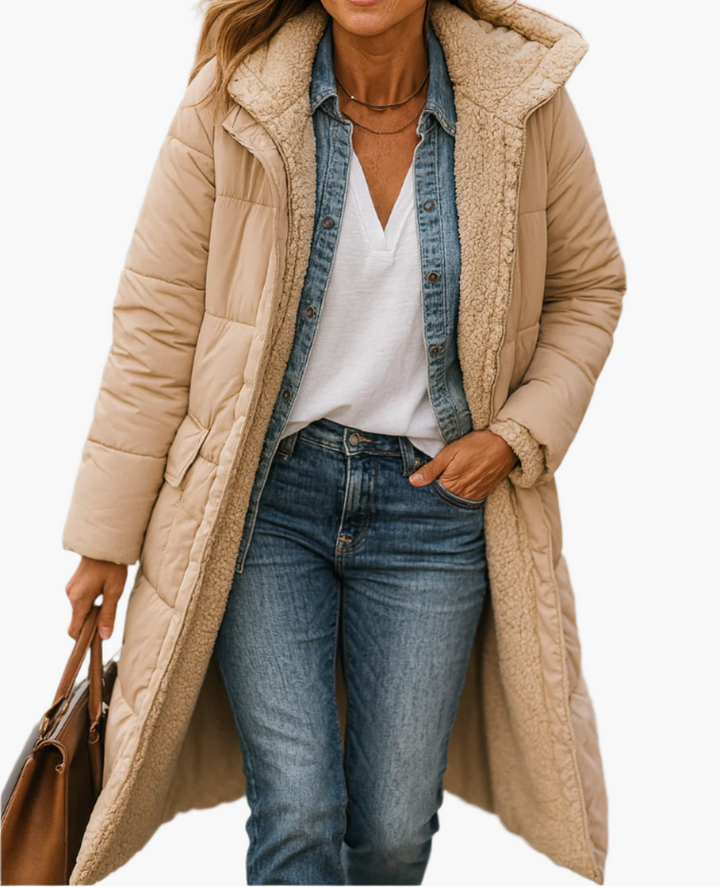 Women's Longline Quilted Puffer Coat - Sherpa Lined Hooded Zip-Up Jacket