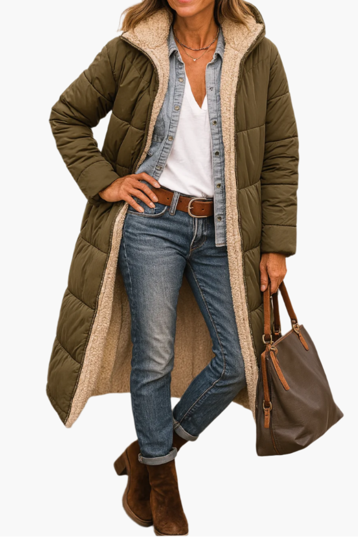 Women's Longline Quilted Puffer Coat - Sherpa Lined Hooded Zip-Up Jacket