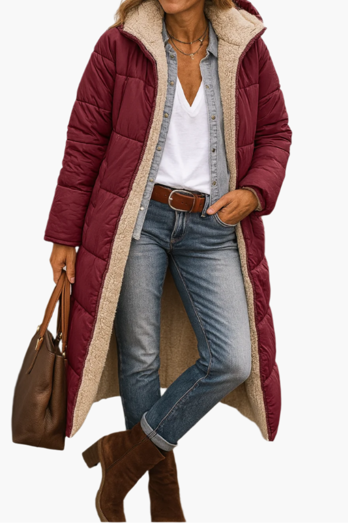 Women's Longline Quilted Puffer Coat - Sherpa Lined Hooded Zip-Up Jacket