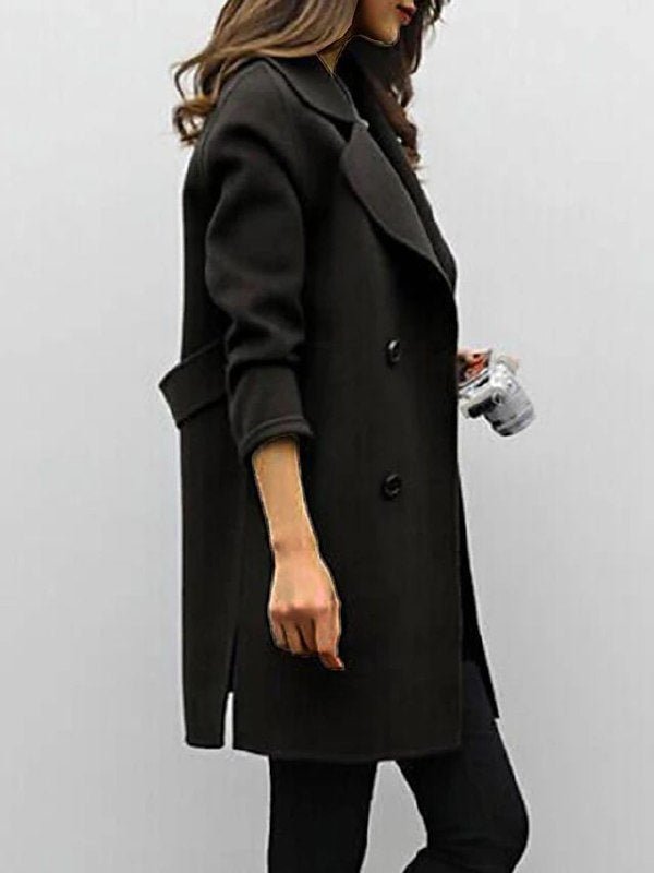 Women's Longline Wrap Coat - Notched Lapel Long Sleeve Belted