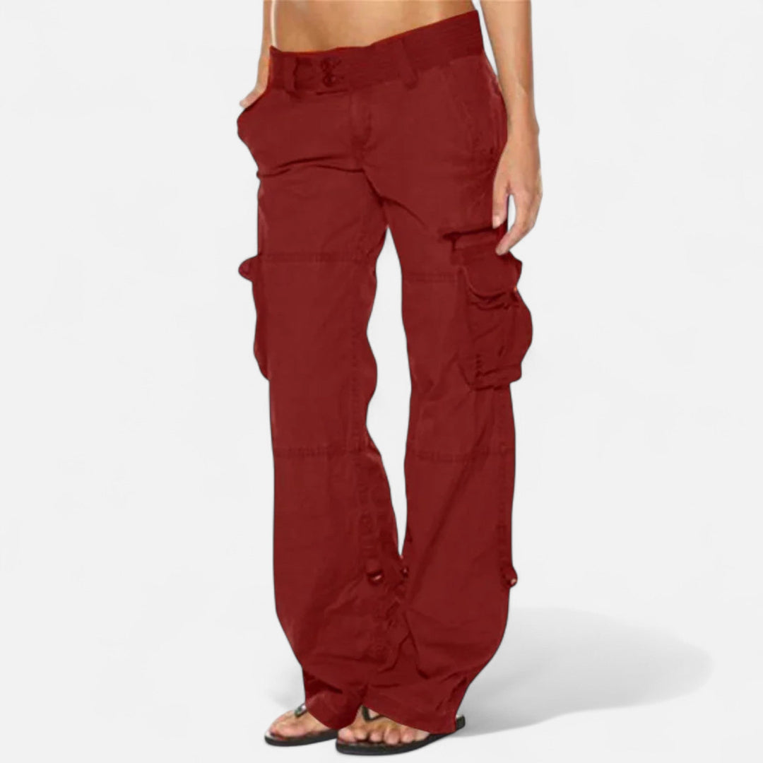 Women's Low Rise Cargo Trousers - Straight Leg Flap Pocket Pants