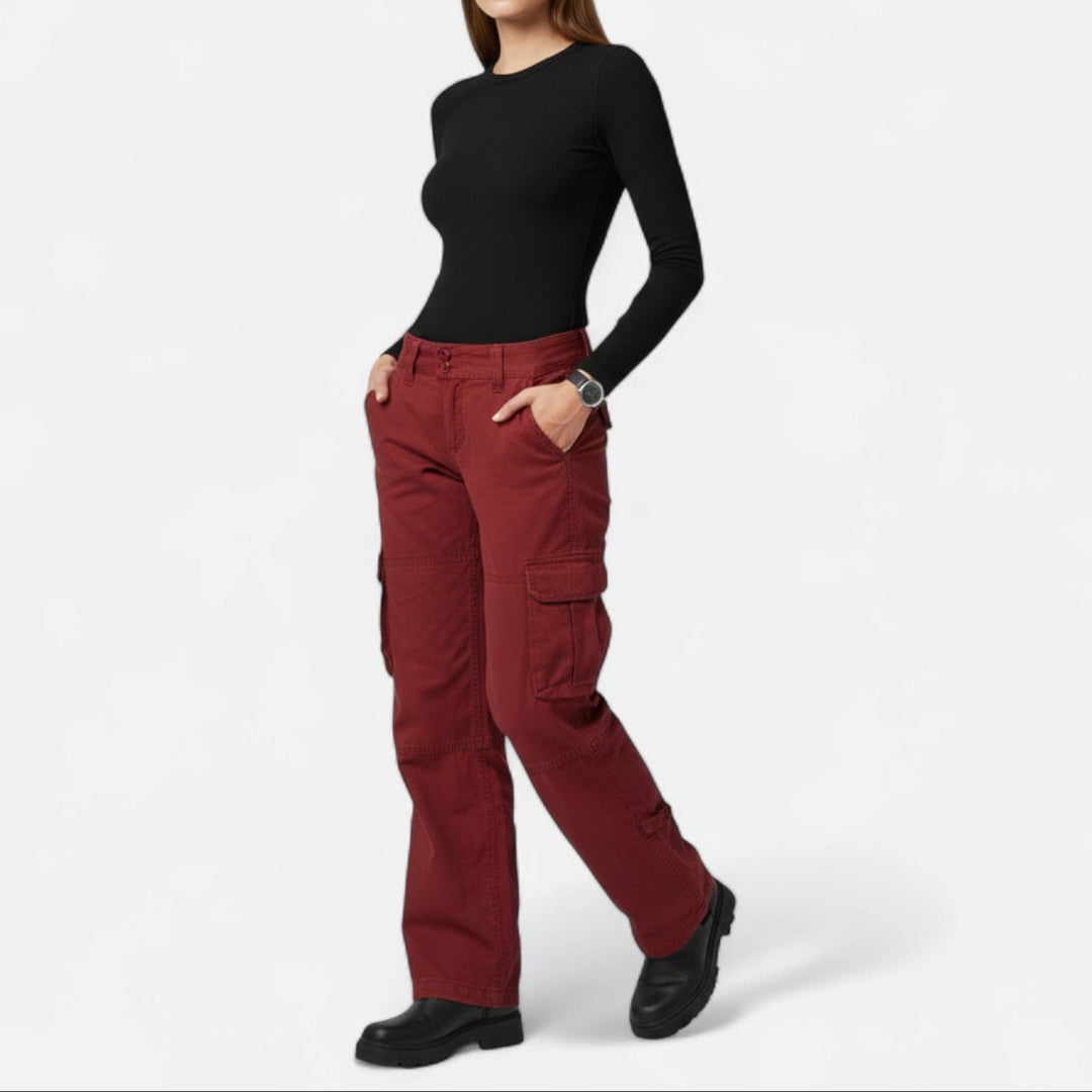Women's Low Rise Cargo Trousers - Straight Leg Flap Pocket Pants