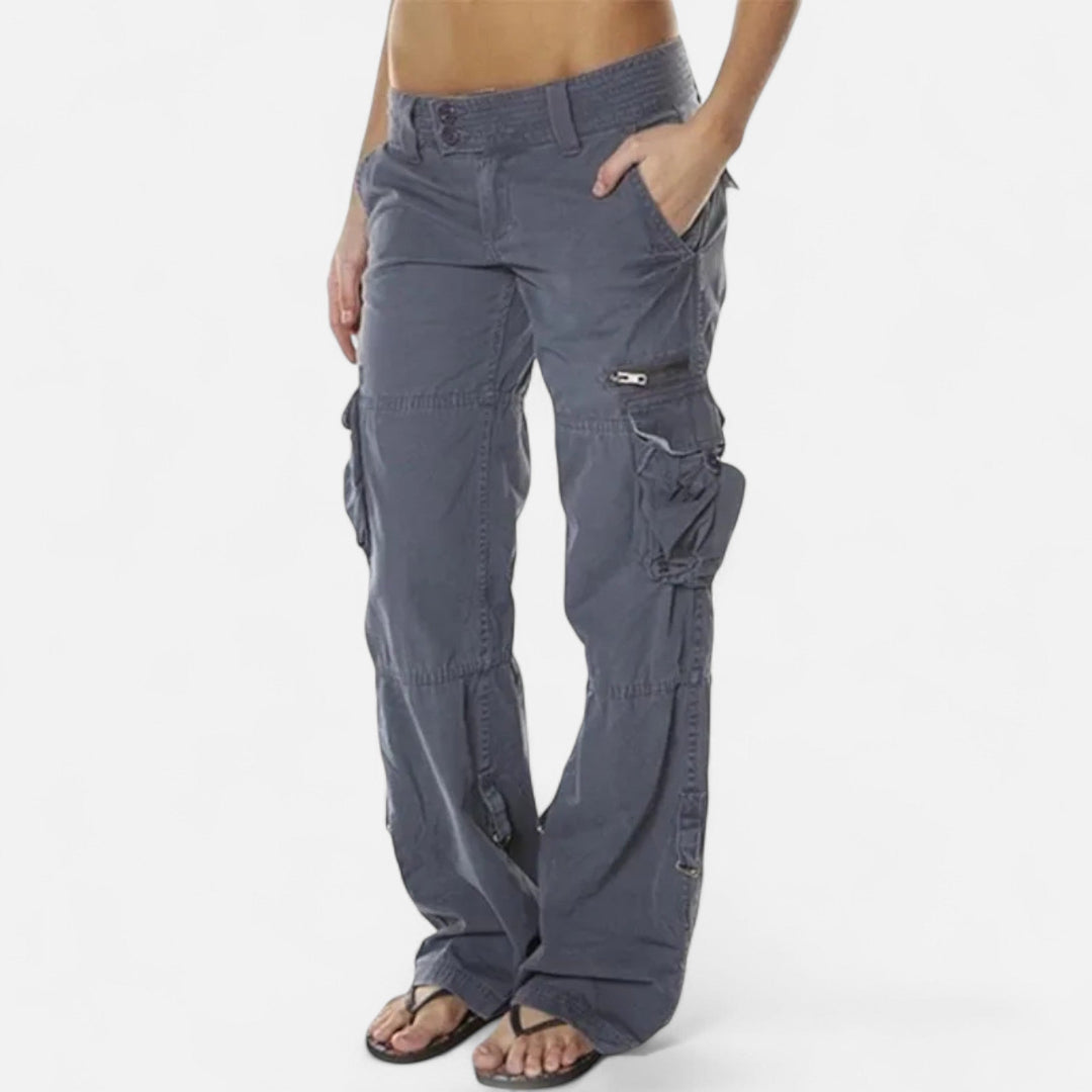 Women's Low Rise Cargo Trousers - Straight Leg Flap Pocket Pants