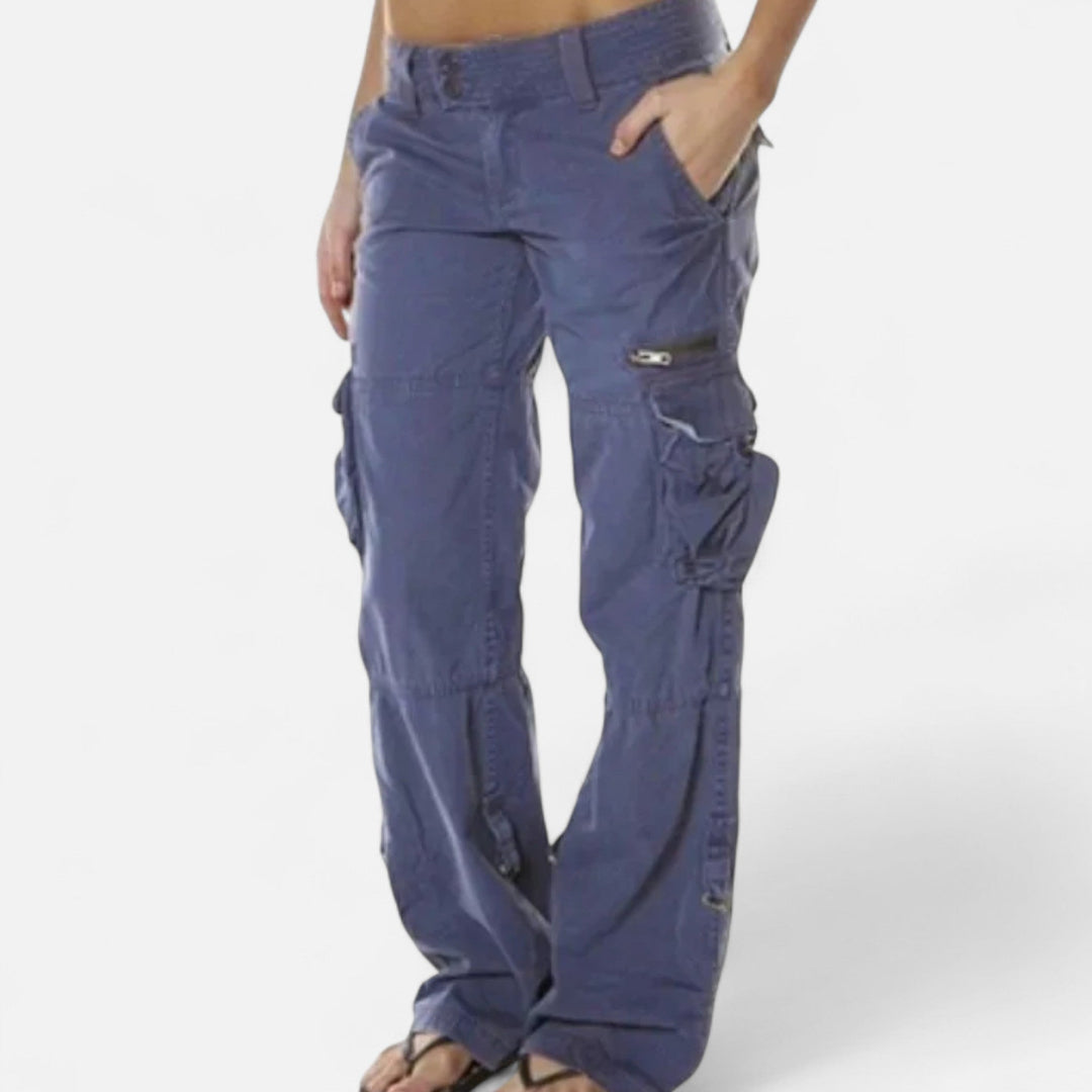 Women's Low Rise Cargo Trousers - Straight Leg Flap Pocket Pants