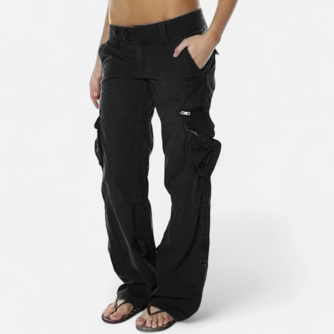 Women's Low Rise Cargo Trousers - Straight Leg Flap Pocket Pants