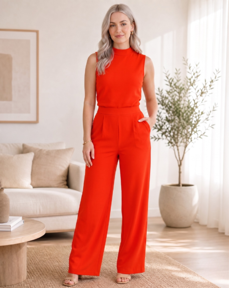 Women's Mock Neck Sleeveless Wide Leg Jumpsuit - High Waist Jumpsuit