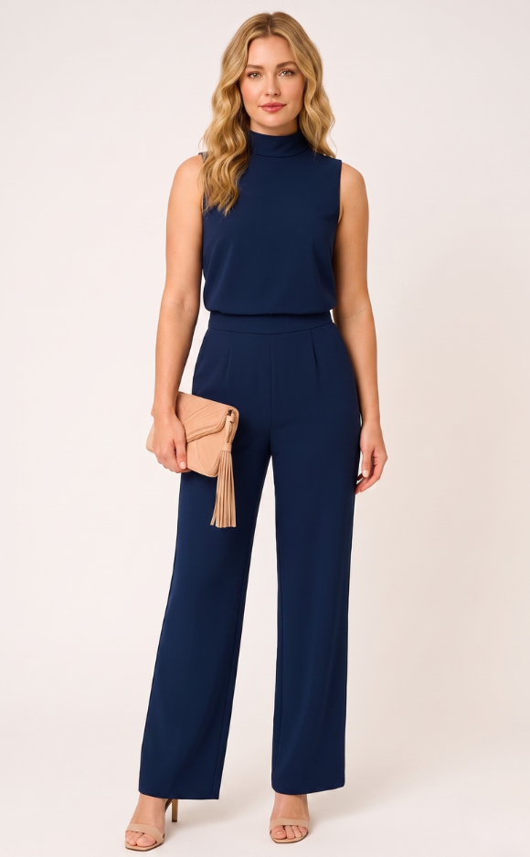Women's Mock Neck Sleeveless Wide Leg Jumpsuit - High Waist Jumpsuit