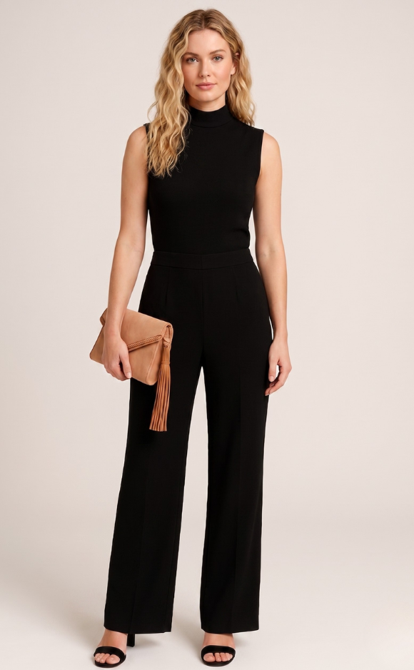 Women's Mock Neck Sleeveless Wide Leg Jumpsuit - High Waist Jumpsuit