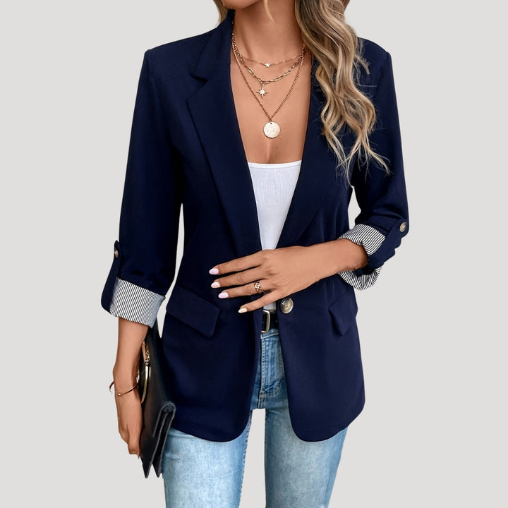Women's Open Front Blazer - Long Sleeve Notched Lapel Rolled Cuff