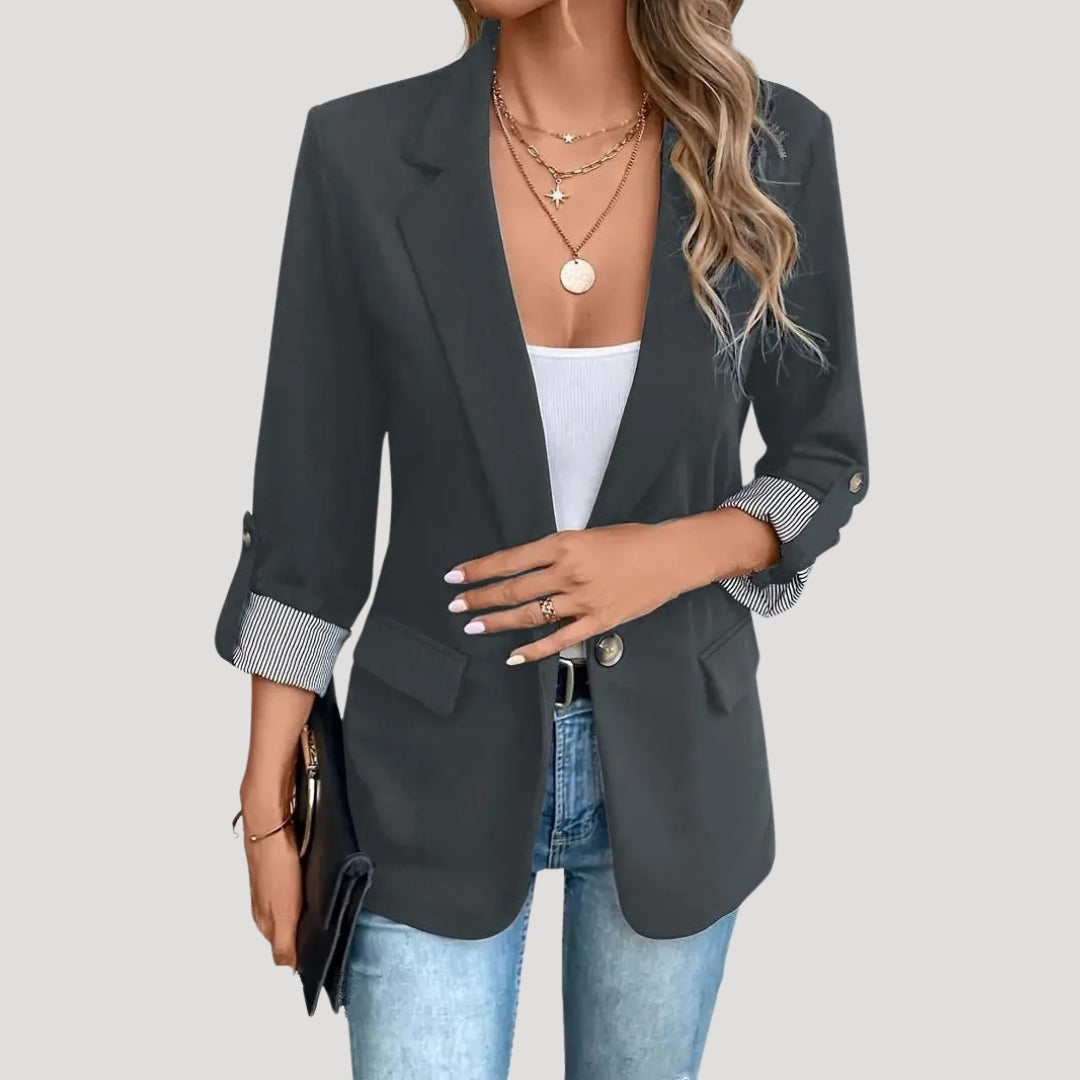 Women's Open Front Blazer - Long Sleeve Notched Lapel Rolled Cuff