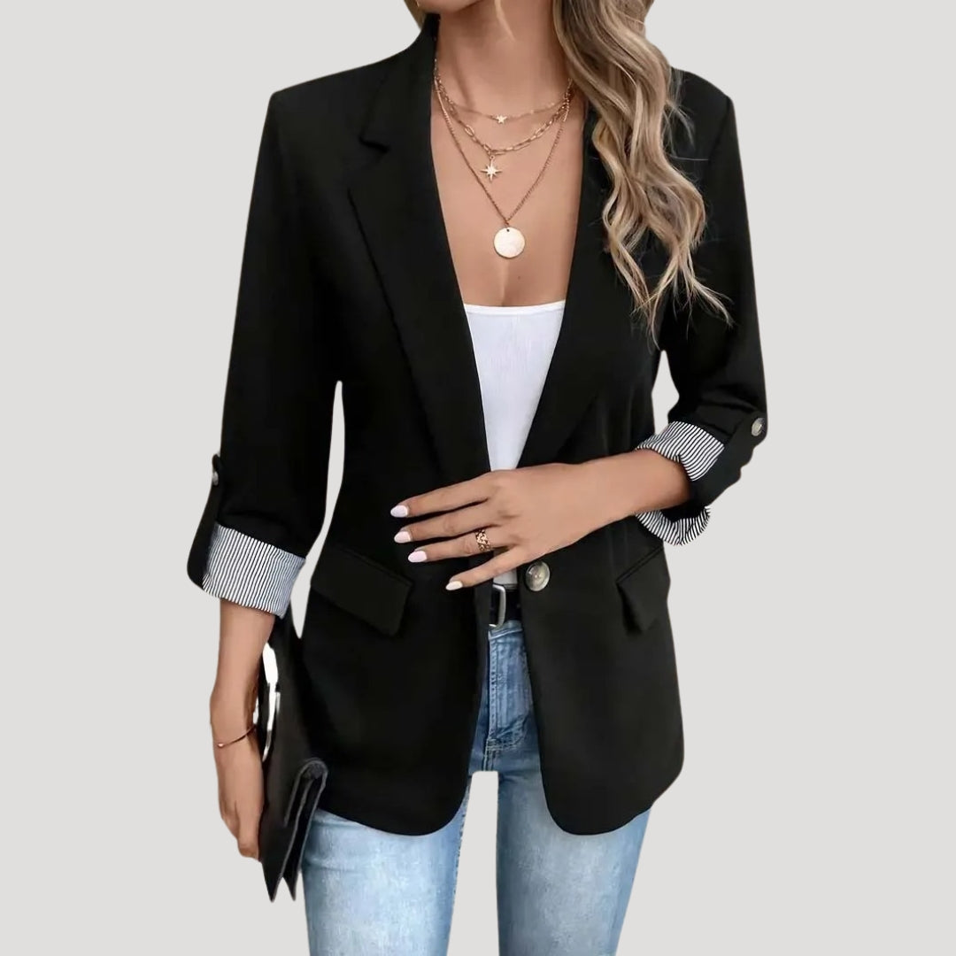 Women's Open Front Blazer - Long Sleeve Notched Lapel Rolled Cuff