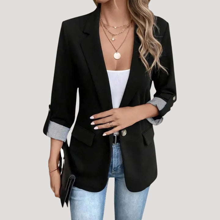 Women's Open Front Blazer - Long Sleeve Notched Lapel Rolled Cuff
