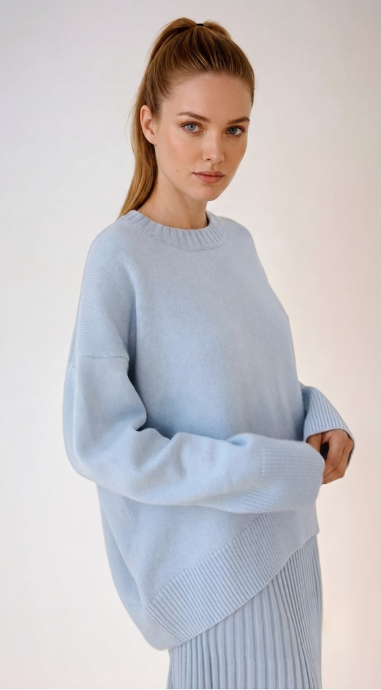 Women's Oversized Crew Neck Knit Sweater - Drop Shoulder Long Sleeve Pullover