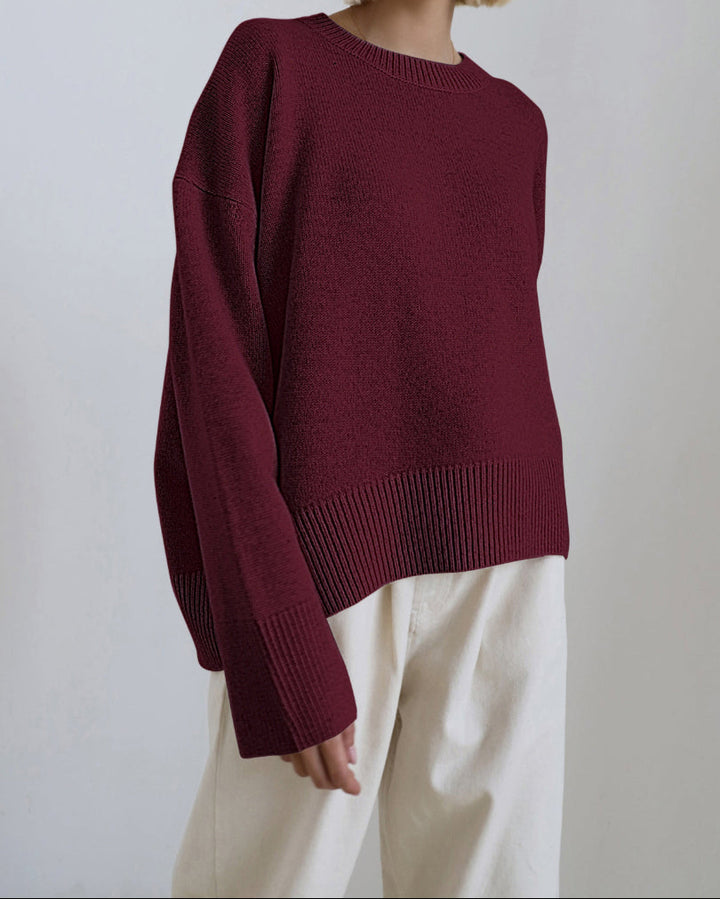 Women's Oversized Crew Neck Knit Sweater - Drop Shoulder Long Sleeve Pullover