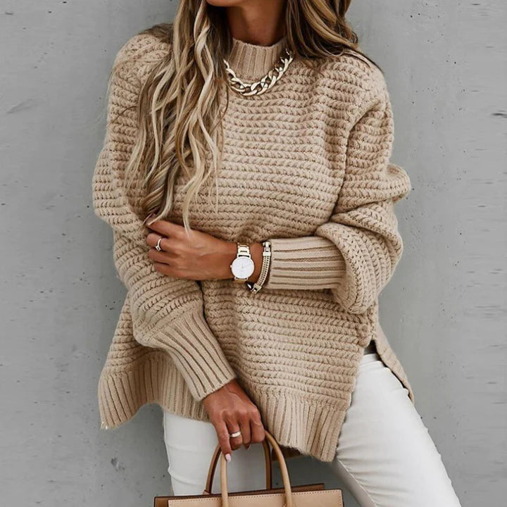 Women's Oversized Knit Sweater - Crew Neck Long Sleeve Side Slit
