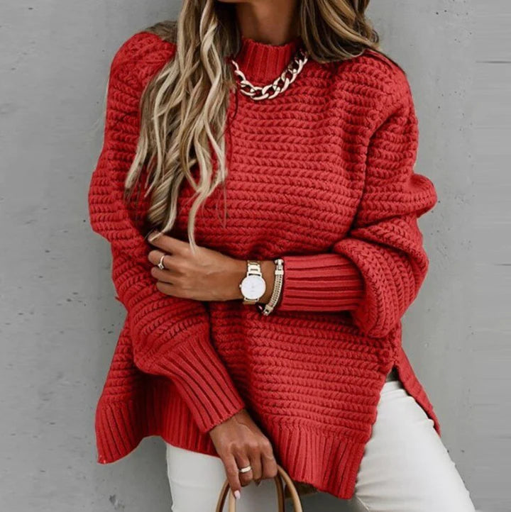 Women's Oversized Knit Sweater - Crew Neck Long Sleeve Side Slit