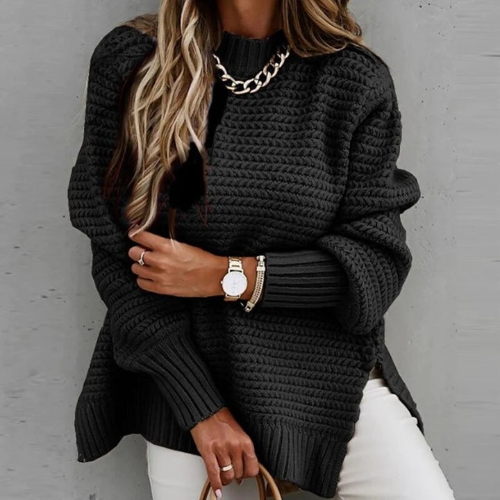 Women's Oversized Knit Sweater - Crew Neck Long Sleeve Side Slit